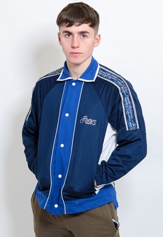 VINTAGE ASICS ARM TAPE LOGO JACKET IN BLUE MEDIUM