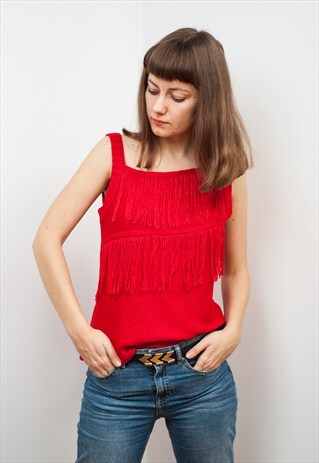 FRINGES RED KNIT TANK TOP