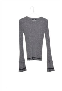 Y2K Metallic Grey Ruffle Ribbed Knit Long Bell Sleeve Top