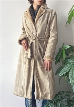 Vintage Y2K 00's Beige Sheepskin Suede Faux Fur Coat
