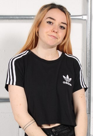 VINTAGE ADIDAS ORIGINALS T-SHIRT BLACK CROP TOP TEE SIZE 10