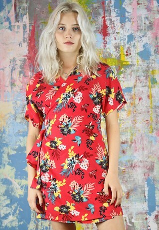 MINI WRAP DRESS IN RED FLOWER DRESS