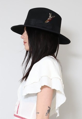 VINTAGE STYLE HAT BLACK WOOL FEDORA WITH FEATHER RIBBON BAND