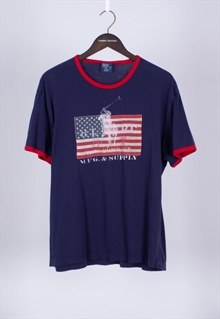 VINTAGE 90S BLUE USA FLAG T-SHIRT RALPH LAUREN