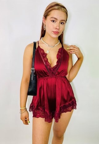 Vintage 00s Y2K Red Satin Lace Trim Playsuit