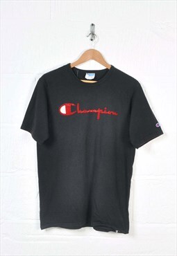 Vintage Champion Spell Out T-Shirt Crew Neck Black Medium