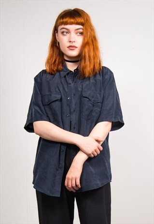 VINTAGE 90'S DARK GREY SHORT SLEEVE SILK SHIRT