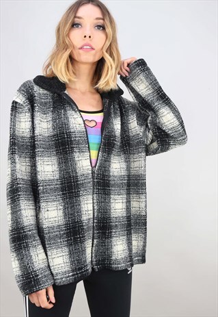 VINTAGE OVERSIZED ZIP UP CHECK PATTERNED TEDDY FLEECE