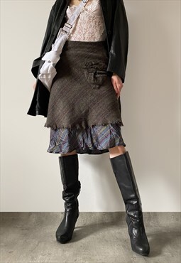 Vintage Y2K 00s wool checkered midi skirt in brown