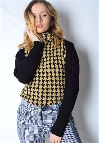 VINTAGE 90S BEIGE GOLD KNIT TURTLE NECK TOP