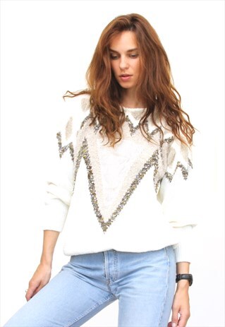 80S WHITE KNIT TOP BAT SLEEVE BLOUSE CASUAL SWEATER