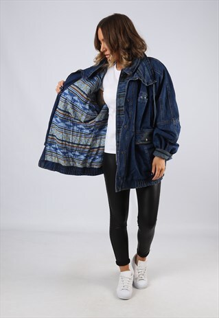 DENIM JACKET PATTERNED LINED OVERSIZED LONG UK 20 (BJ3Z)