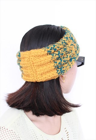 GREEN MUSTARD HAND KNITTED WOOL EAR WARMERS HEADBAND