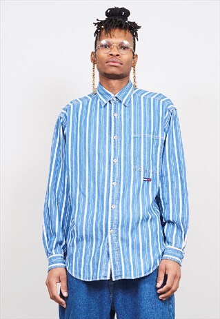 VINTAGE 90'S TOMMY HILFIGER BLUE STRIPED DENIM SHIRT