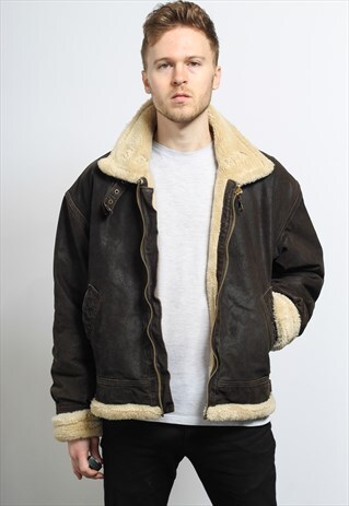 VINTAGE LEATHER AVIATOR FLEECE JACKET COAT