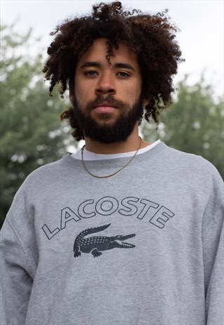 VINTAGE 90S LACOSTE SPELLOUT BIG LOGO SWEATSHIRT IN GREY
