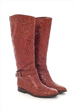 ETRO Western Boots Shoes Hi Leather Paisley Printed Brown