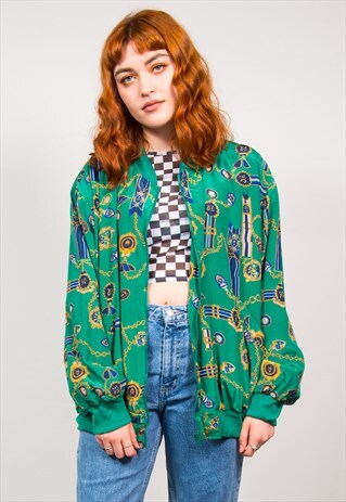 VINTAGE 90'S CHAIN MEDAL PRINT OVERSIZED SILKY BOMBER JACKET
