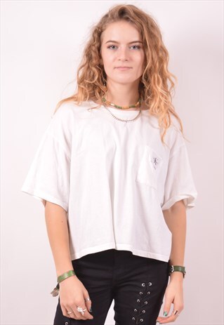 CALVIN KLEIN WOMENS VINTAGE CROP T-SHIRT TOP LARGE WHITE 90S