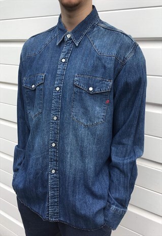 MENS VINTAGE 90S SHIRT LONG SLEEVED BUTTON UP BLUE DENIM TOP