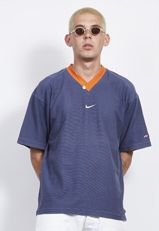VINTAGE 90'S NIKE V-NECK BLUE/ORANGE RIB T-SHIRT