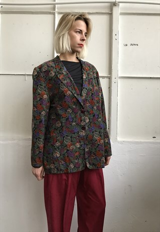 VINTAGE 90' ROMANTIC UNIQUE GREEN VELOUR ROSES JACKET