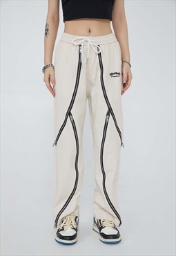 Zipper techno pants lines cargo joggers in cream