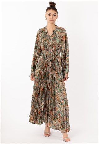 BEIGE PAISLEY SCARF PRINT PLEATED LONG SHIRT DRESS