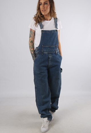 VINTAGE DENIM DUNGAREES WIDE STRAIGHT LEG UK S 10 (C93I)