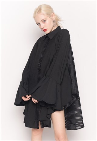 OVERSIZED SHIRT DRESS WITH FRILL SLEEVES AND MESH CHECKED