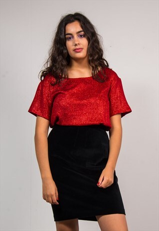 VINTAGE 90'S RED SPARKLE GLITTER T-SHIRT TOP