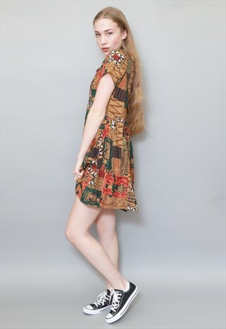 VINTAGE 1990'S COLOURFUL BROWN MIX PRINT MINI DRESS