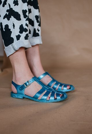 VINTAGE 90S METALIC BLUE JELLY SANDALS