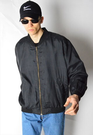 VINTAGE 80S BLACK MINIMALIST LIGHTWEIGHT SILK BOMBER JACKET