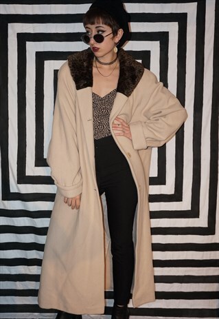 VINTAGE Y2K WOOL MIX TRENCH COAT WITH FAUX FUR COLLAR