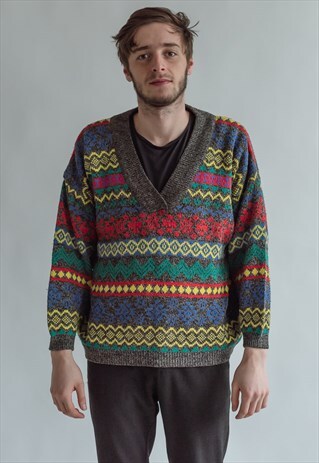 VINTAGE 80S MULTICOLOR V-NECK JUMPER