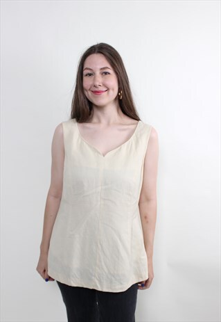 VINTAGE 90S MINIMALIST SLEEVELESS BLOUSE CUTE BEIGE COTTON