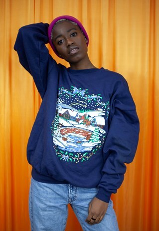 VINTAGE 90S CHRISTMAS SWEATSHIRT NAVY BLUE WHITE SNOWMAN