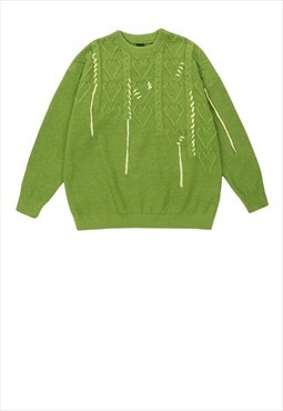 Distressed sweater cable knitwear jumper heart top in green