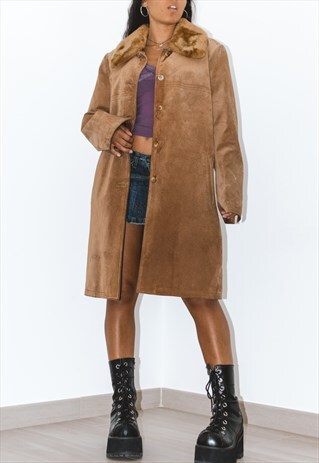 90S VINTAGE LEATHER TRENCH COAT WITH A FAUX FUR COLLAR