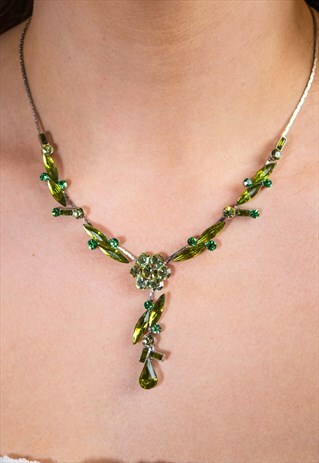 VINTAGE GREEN LEAVES DIAMANTE NECKLACE