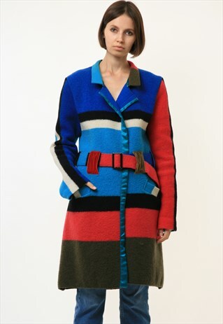 70S VINATGE MULTICOLOR LONG SLEEVE BLUE MIDI COAT 4271