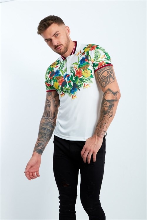 mens white rain forest print polo shirt