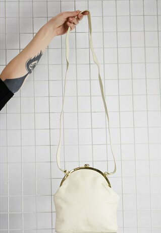 VINTAGE 80S CREAM LEATHER FRAMED CROSS BODY BAG