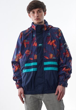 VINTAGE HELLY HANSEN SHELL WINDBREAKER COAT 90S BLUE PRINTED
