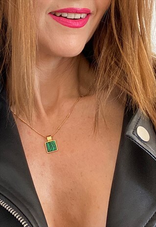18CT GOLD BOBBLE CHAIN, SQUARE GREEN MALACHITE PENDANT