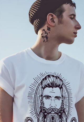 'NEPTUNE' HAND PRINTED T-SHIRT IN WHITE