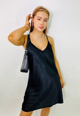 Vintage 00s Y2K Black Satin Summer Mini Slip Dress