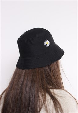90s black bucket hat, vintage flower embroidery reversible 