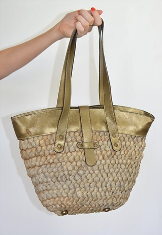 VINTAGE BROWN & GOLD WICKER STRAW BASKET BEACH BAG